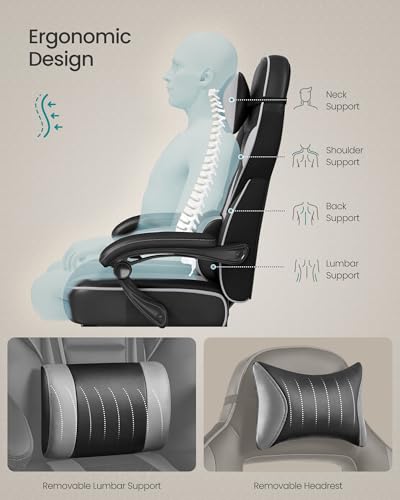 SONGMICS Racing Gaming Chair, Adjustable Office Chair with Footrest, Ergonomic Design, Headrest, Lumbar Support, 150 kg Weight Capacity, Ink Black and Dove Grey OBG073BH08