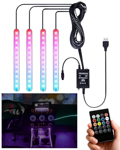 Car Interior LED Strip Lights, 4 in 1 Waterproof Atmosphere Light with 48 LEDs 8 Colors, Sound-Activated USB Car Charger Light Bar with Remote Control, DC 5V, Cars Accessories, Gifts for Men Husband