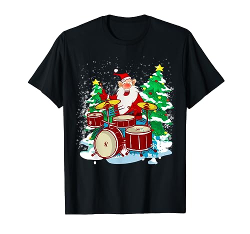 Funny Christmas Santa Playing The Drums Crazy Drummer Xmas T-Shirt