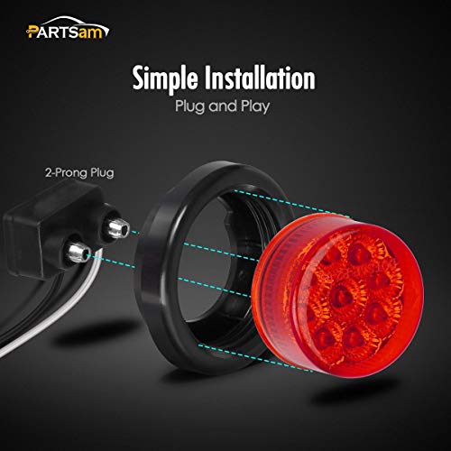 Partsam 2Pcs 2 Inch Round Led Side Marker, 2" Clearance Lights Red 9Led With Reflectors Waterproof Sealed Fender Cab Panel Lights W/Grommets And Pigtails For Trailer Truck #TOP3