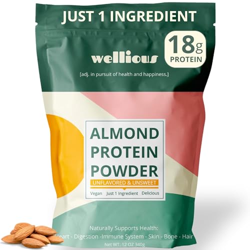 wellious Almond Protein Powder (Unflavored Unsweetened) - 18 Grams of Pure Healthiest Vegan Protein for Women & Men | Soy-Free & Gut Friendly Protein Powder for Sports Nutrition