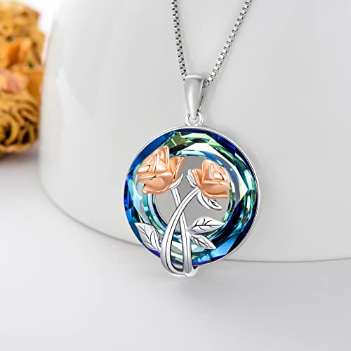 Toupop June Birth Flower Necklace 925 Sterling Silver Roses Floral Pendant With Blue Circle Crystal June Birth Month Flower Jewelry Birthday Gifts For Women Girls #TOP3