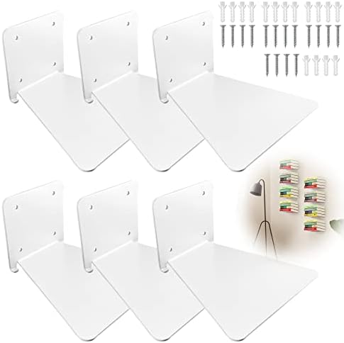 Tamseen Floating Bookshelf, Set of 6 Invisible Floating with Screw Sturdy Metal Iron Bookshelf, White Multipurpose Concealed Shelves Wall Mounted Storage, for Home Office Classroom Library