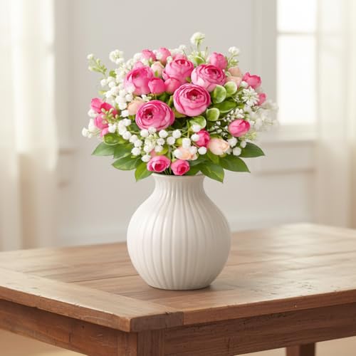 Image of Artificial Flowers Bunch for Home Decor Living Room, Peony Flower with Baby Breath, Decorative Items, Indoor Plants Alternative, Flower Bunch for Vase, 30 cm (Vase Not Included) (Pink Dark)