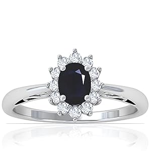 GemsNY Personalized Natural Blue Sapphire 0.92 cttw Ring September Birthstone with Halo Diamonds 14K White Gold Wedding, Engagement Ring for Women (6×4 Grade A Size 5)