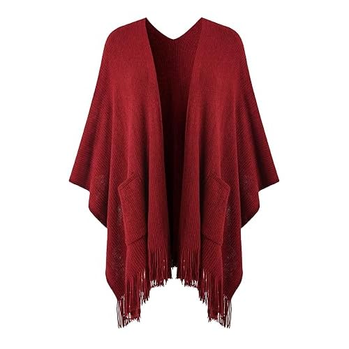 Ferand Shawl Wraps for Women, Cozy Lightweight Poncho Cape with Pockets, Warm for Fall Winter Travel One Size Burgundy