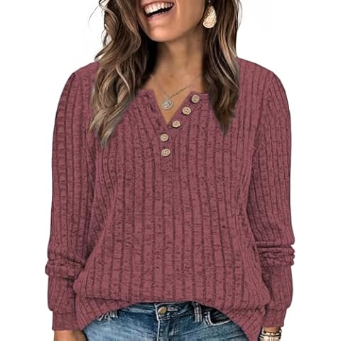 ROSRISS Plus Size Womens Tops Casual Crewneck Shirts Oversized Long Sleeve Tunics Cute Oversized Henley Tees 3X Wine Red Cover