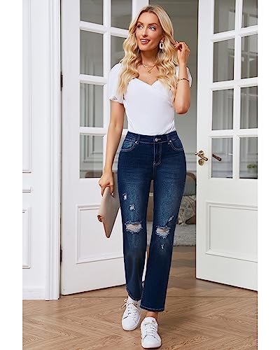 GRAPENT Jeans for Women High Waisted Distressed Straight Leg Ripped Jeans Stretchy Denim Pants Western Outfit 90s3