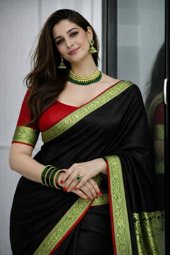 Image of Women's Glory Banarasi Satin Silk Saree with Rich Zari Woven Border & Pallu | Soft Glossy Party Fancy Traditional Saree for Wedding, Festive, Function | Blouse Piece Included