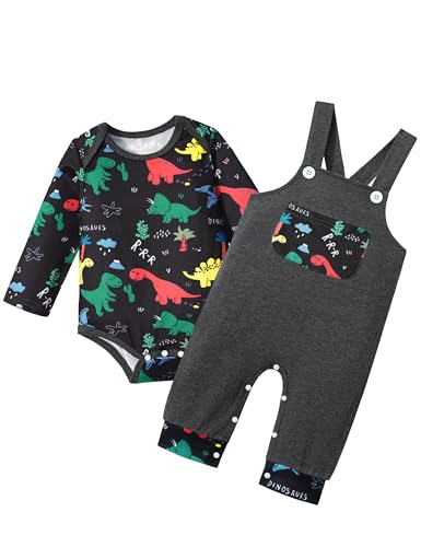 Image of BAVADER Baby Boy Clothes Long Sleeve Animal Plaid Romper + Overalls Infant Boy Clothes 2PCS Fall Winter Outfits