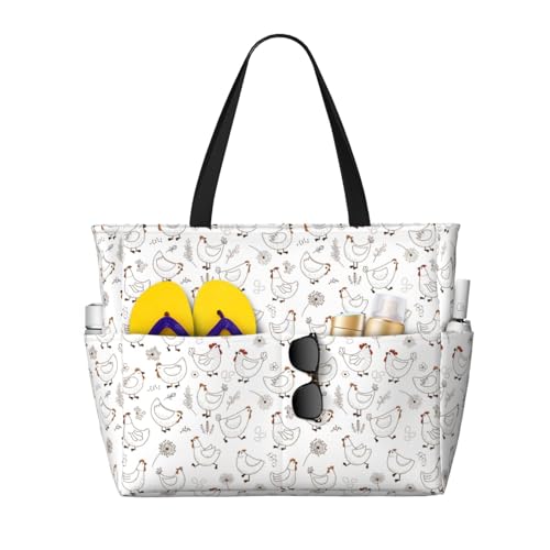 Cartoon Chicken Print Large Beach Tote Bag for Women Extra Large Capacity Sandproof Waterproof Pool Bag Suitable for Swimming Pool Gym Groceries Travel
