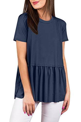 For G and PL Women Flare Short Sleeve Summer Loose T Shirt Peplum Hem Cute Pleated Cotton Casual Tunic Top Navy S