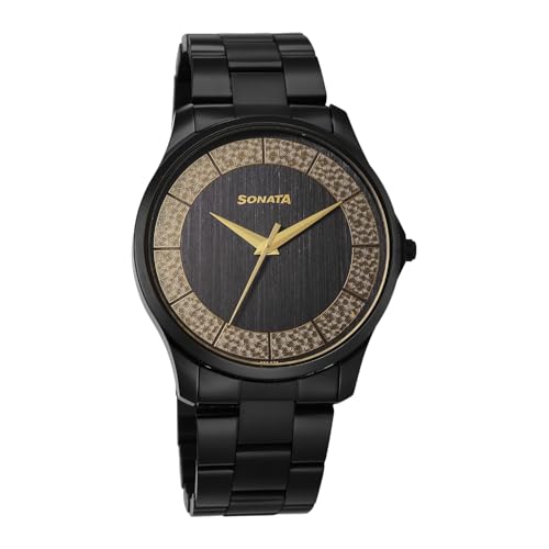 Image of Sonata Traditional Essentials Quartz Black Gold Round Dial Men's Watch | Analog Watch | Watches for Men Analog - 77163NM01W