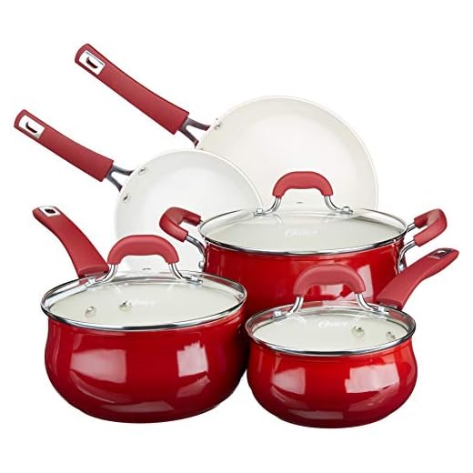 OSTER Conjunto de Panelas Antiaderentes 5 Peças Corbett - Jogo de Panela e Frigideira, Construção em Alumínio e Revestimento de Cerâmica, Alças e Cabos Revestidos em Silicone - Red Velvet
