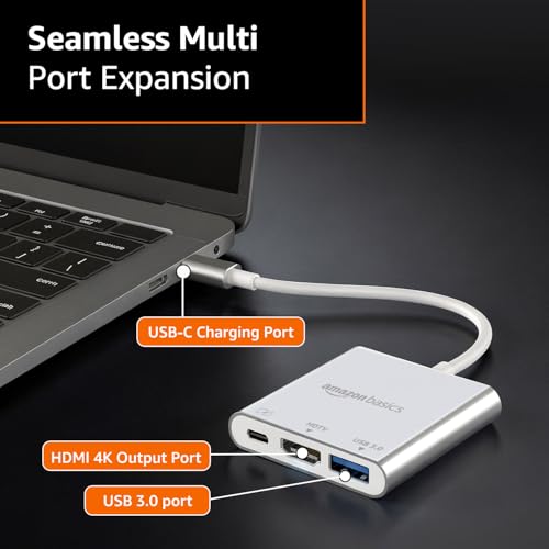 Image of Amazon Basics 3-in-1 USB Type C to HDMI Adapter 4K@30Hz, 100W PD Fast Charging Port, USB A 3.0 @5Gbps Speed, MultiPort HUB for MacBook Pro Air, Windows, Laptop, Tablet, Smartphone & All Type C Devices