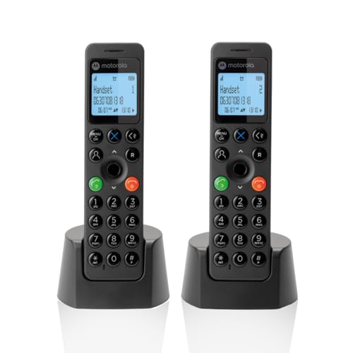 Motorola Voice - DOT202 Twin Pack, téléphone numérique sans Fil, Haut-Parleur Mains Libres, Blocage d'appels, 100 Contacts avec nom et répertoire téléphonique, Noir