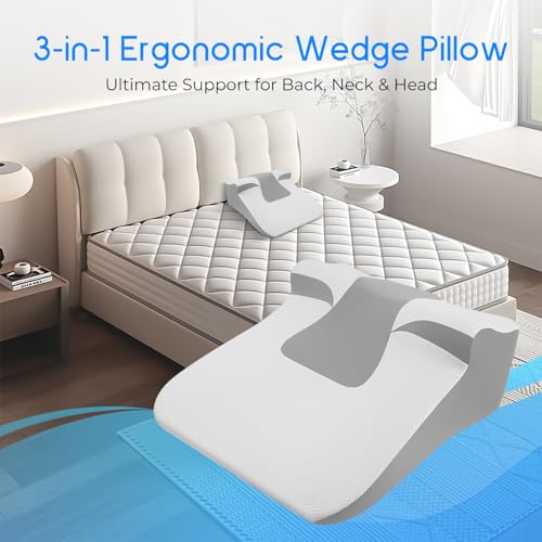 LiebKomfon Bed Wedge Pillow for Sleep Apnea, Acid Reflux & Snoring Relief - Post-Surgery Recovery Pillow with Ergonomic 3-in-1 Certified Comfortable Memory Foam for Back, Neck & Head Support