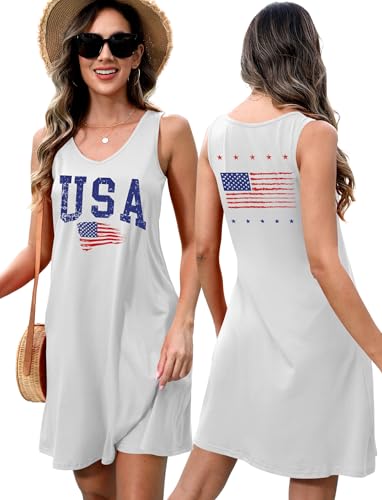 Image of LHBNK 4th of July Dress for Women: American Flag Tank Dresses Star Striped Splicing Loose V Neck Sundresses