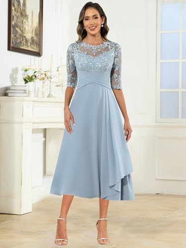 Mother of The Bride Dresses for Women Tea Length Half Sleeve Chiffon Ruffles Formal Wedding Guest Dress2