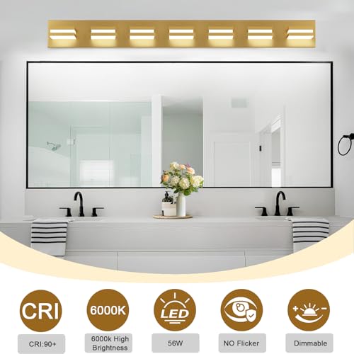 Image of IZORRO LED Modern Bathroom Lights Fixtures(7-Light,Dimmable,360Rotate),Brushed Glod Acrylic Wall Lighting,Vanity Lights for Bathroom Over Mirror - 6000k 40In (No Assembly Required)