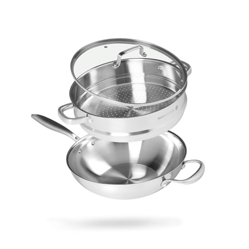 Reishunger Unbeschichteter Edelstahl Wok mit Dämpfeinsatz – 30 cm Durchmesser – mit ofenfestem Deckel – Für alle Herdtypen geeignet