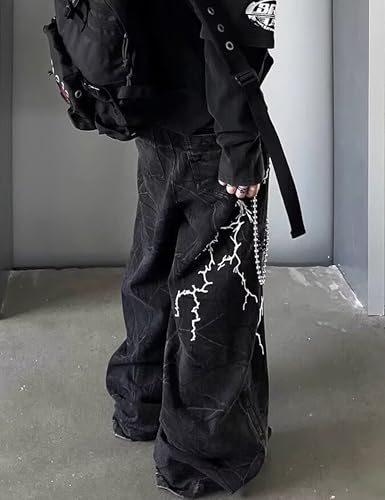 Denim Wide Leg Jeans Men Grunge Pants Straight Leg Oversized Jeans Vintage Hip Hop Lightning Graphic Pants2