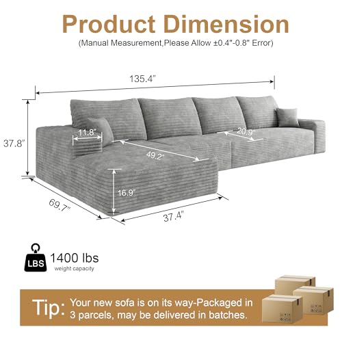 Image of 96 inch Sectional Couches for Living Room Cloud Couch Sofa with L-Shape Upholstered Boneless Couchs Modern Modular Sectional Couch with Chaise