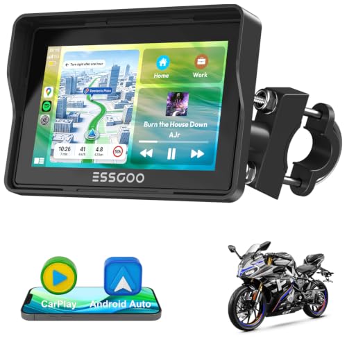 ESSGOO CarPlay Moto 5' Écran Tactile IPS avec CarPlay & Android Auto sans Fil, GPS Moto Étanche, Musique Bluetooth, Navigation, Support Siri, Installation & Démontage Faciles