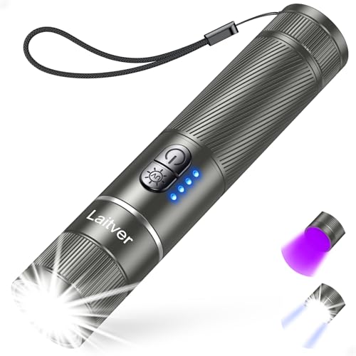 Laitver Linterna Ultravioleta/LED Recargable 2 en 1, SuperBrillante Mini Linternas con Luz UV Negra de 395 NM, 6 Modos de Luz, Zoom, Impermeable para Cortes de Energía y Detección de Orina Mascotas