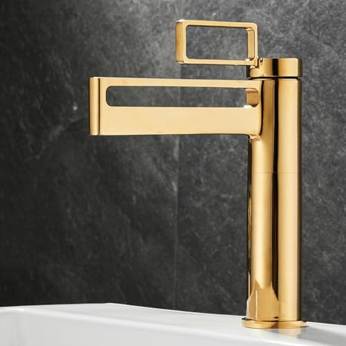 Grifo cascada dorado mezclador para lavabo de baño con monomando agua fría y caliente