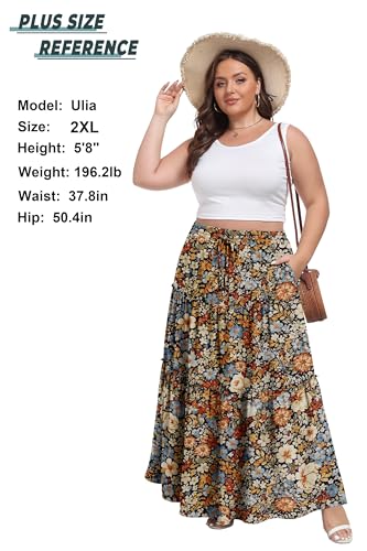 Image of Lepunuo Womens Casual Boho High Waisted Flowy Maxi Skirts Tiered Floral Long Skirts with Pockets for Summer Beach Vacation
