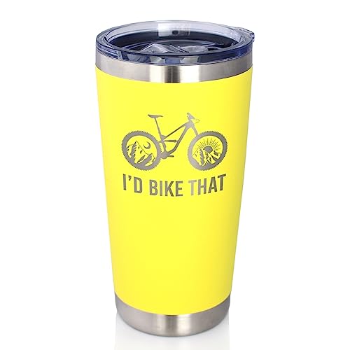 I'd Bike That - Insulated Coffee Tumbler Cup with Sliding Lid - Stainless Steel Insulated Mug - Cool Bicycle Themed Decor and Gifts for Mountain Bikers - Yellow