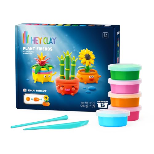 HEY CLAY Les Plantes Amies – Kit de Pâte à Modeler Autodurcissante Enfants (15 Pots) | Application 3D Incluse | Activité Manuelle et Loisir Créatif | Cadeau DIY Filles et Garçons Dès 8 Ans