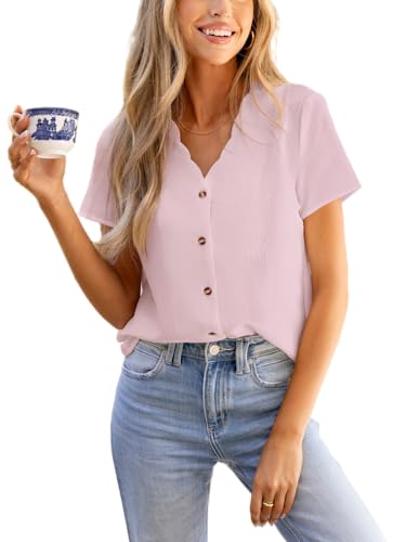 Image of CUPSHE Women's Blouse Shirt Short Sleeve Scalloped V Neck Button Up Textured Casual Blouse Ladies Tops Summer Fashion 2025, Pink, M