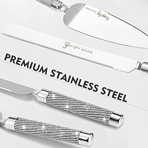 Wedding Cake Knife And Server Set, 420 Stainless Steel Silver Cake Cutter And Pie Server Slicer, Rhinestones Studded Handle Cake Cutting Set For Wedding Gifts, Engagement Gifts For Bride And Groom #TOP5