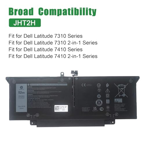 Image of JHT2H Laptop Battery Replacement for Dell Latitude 7310 7410 2-in-1 Series Notebook 04V5X2 4V5X2 07CXN6 7CXN6 7.6V 52Wh 6500mAh
