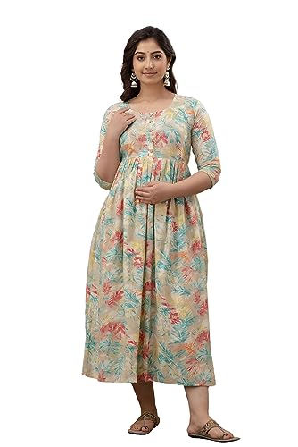 Image of The Moon Star Women's Cotton Floral Printed Anarkali Maternity Feeding Kurti | Breastfeeding Dress for Mothers | Zipper Feeding Kurti, Nursing Kurti, Comfortable and Trendy Maternity Wear