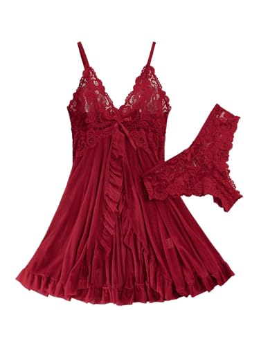 Image of Foxiny Sexy Ruffle Sheer Mesh Lace Wireless Babydoll Lingerie Dress with Thong 2 Piece