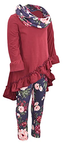 Image of Unique Baby Girls Kids Toddler 3pc Outfit Set Long Sleeve Cotton Blend Tunic Top Leggings and Scarf