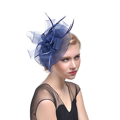 Fashband Fascinators kapelusz z piórami, siateczka, kwiaty, opaska na czoło, klips, na imprezę, wesele, Royal Ascot Races dla kobiet i dziewcząt (granatowy)