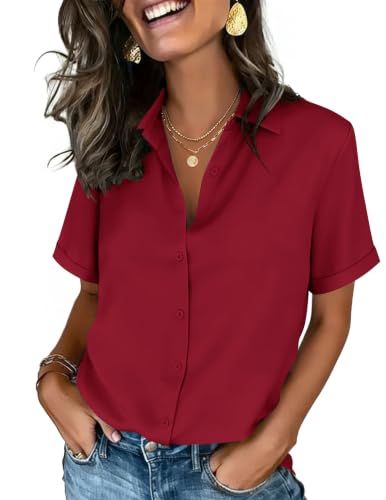 Image of Zeagoo Button Down Shirts for Women Short Sleeve Collared Tops Dressy Casual V Neck Blouses