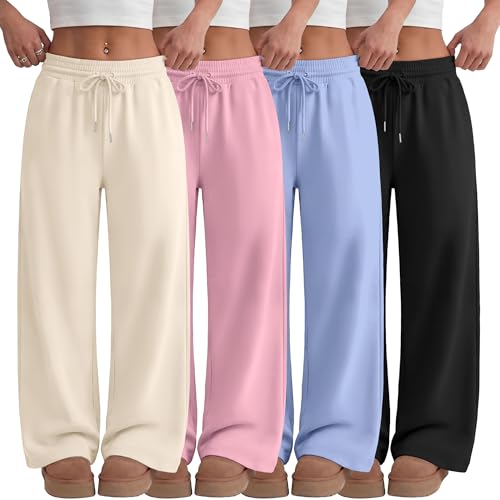 LessonZoo 4 Pack Teen Girls Sweatpants Wide Leg Drawstring Jogger Pants Straight Leg Athletic Trousers with Pockets Size 5-14(Beige Apricot Pink Light Blue Black 11-12 Years)