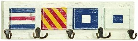 Seven Hook Coat Rack, Wood Decorative Plaque Sign Boat Ship Nautical Flag Wall Accent, 25-inch, White Blue