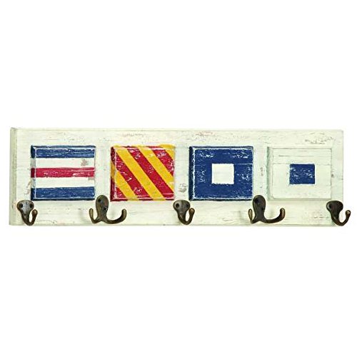 Seven Hook Coat Rack, Wood Decorative Plaque Sign Boat Ship Nautical Flag Wall Accent, 25-inch, White Blue