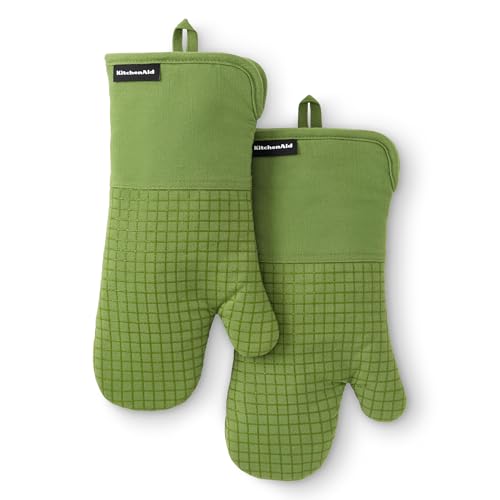 KITCHENAID Gourmet Series Gridlines Oven Mitts 2-Pack Set, Heat Resistant up to 600°F, Soft Silicone Grip, Magnetic Cuff, Matcha Green, 7