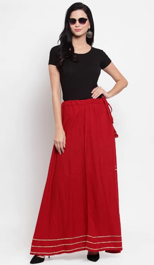 Image of SAYLAH Women Cotton Flare Regular Fit Skirt with Lace -