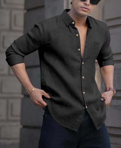 Image of NexaFlair Men's Shirt Regular Fit Solid Pattern Linen Cotton with Long Sleeve Collared Neck Standard Length and Button Down Closure Type | Mens Casual Shirts | Man's Formal Shirts