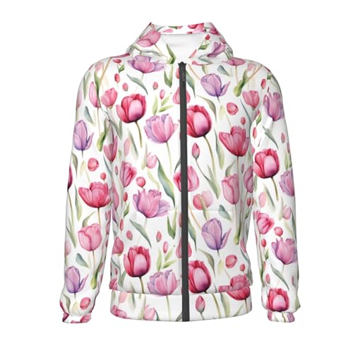 Tulip Flowers Watercolor Kid Hoodies Boys Zip Up Sweatshirts Girls Pullover with Pocket2