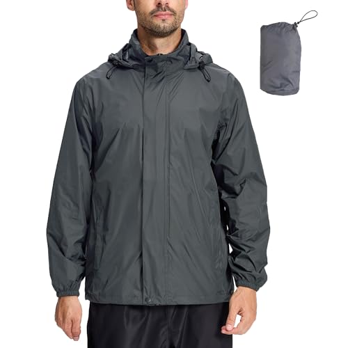 LZLER Mens Waterproof Jackets Lightweight Packable Windproof Rain Jacket Adjustable Hooded Raincoat for Outdoor Hiking Fishing Camping