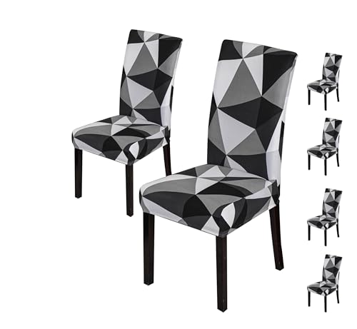Image of Dining Chair Covers Set of 6, Stretchable Removable Washable Anti-Slip Universal Fit Printed Polyester Spandex Slipcovers (Black Triangle)